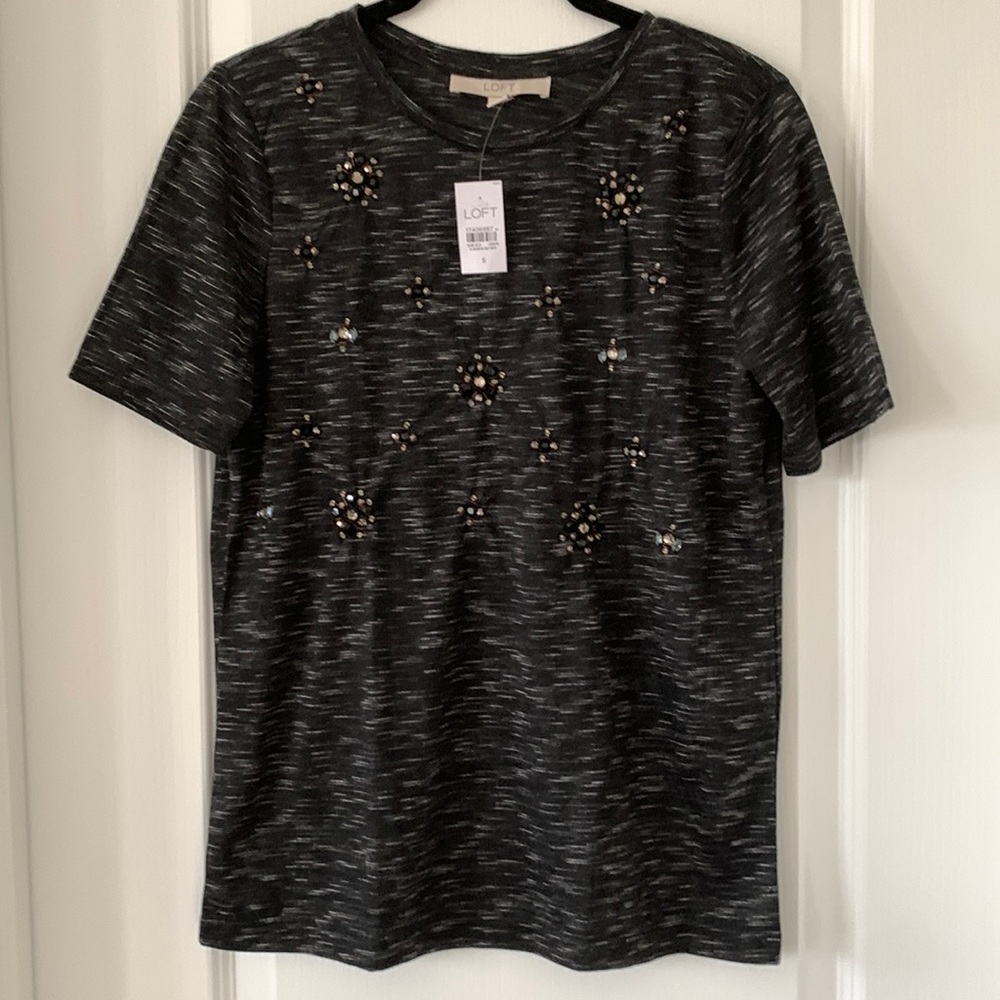 NWT LOFT Marled White And Black Jeweled Crewneck Short Sleeves Top Size S